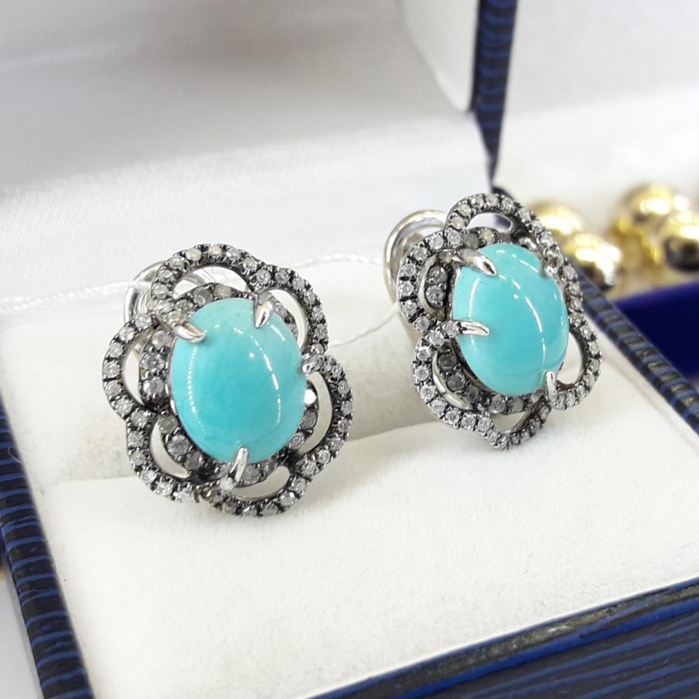 Золоті сережки з бірюзою  та діамантами