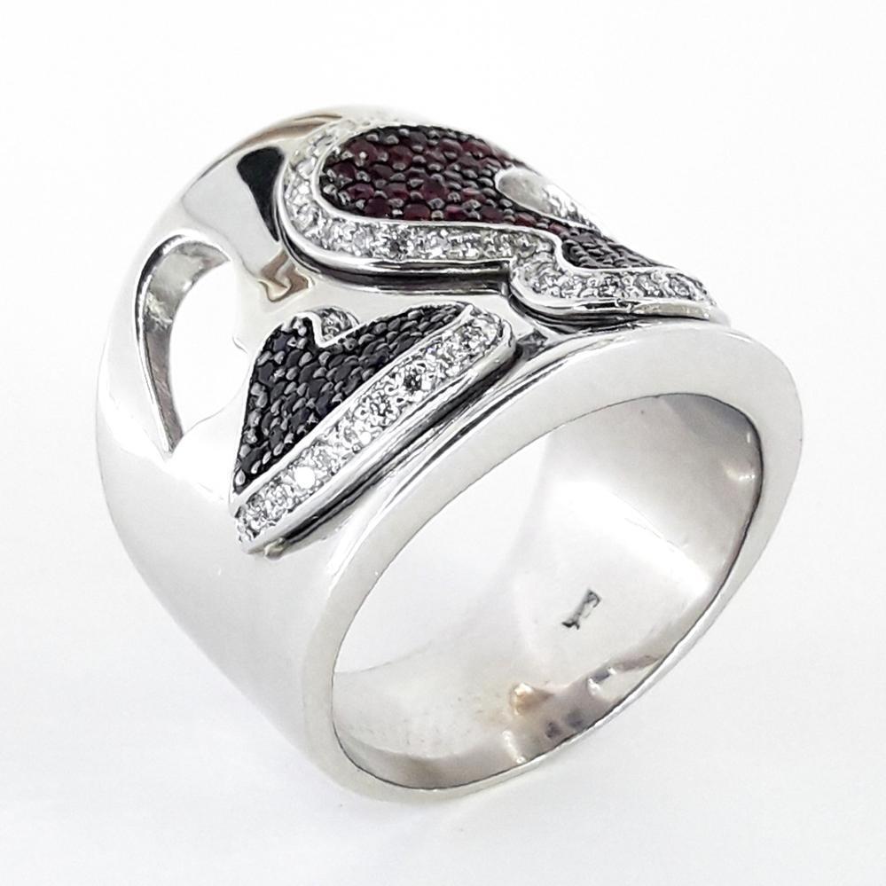 Золота каблучка з білого золота з діамантами, сапфірами та рубінами