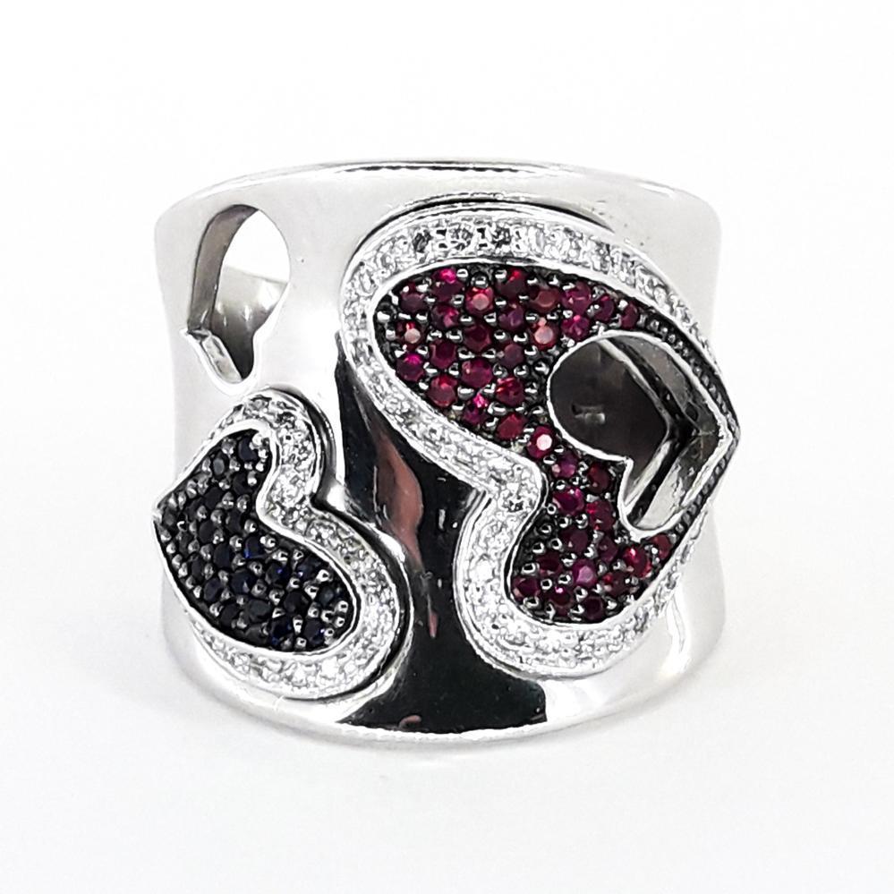 Золота каблучка з білого золота з діамантами, сапфірами та рубінами