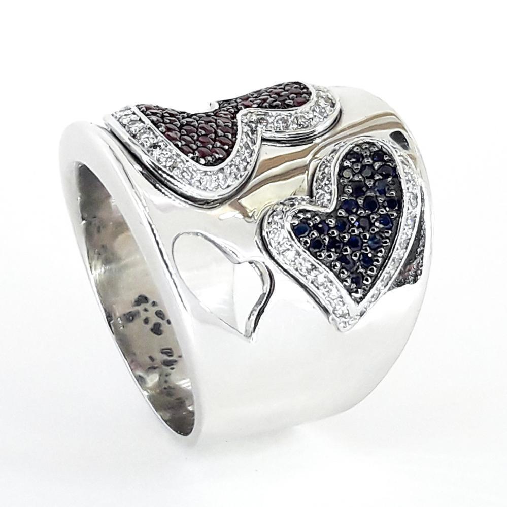 Золота каблучка з білого золота з діамантами, сапфірами та рубінами