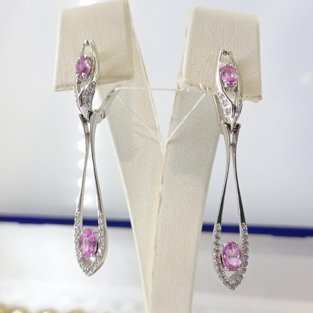 Золоті сережки з розовим сапфіром та діамантами